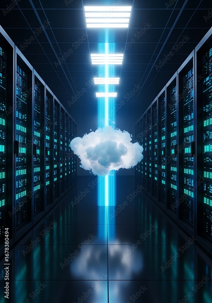 Poster cloud data flow in server room cloud computing data center