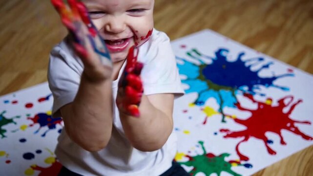 Creative toddler explores color and texture through messy paint play at home with joy and laughter