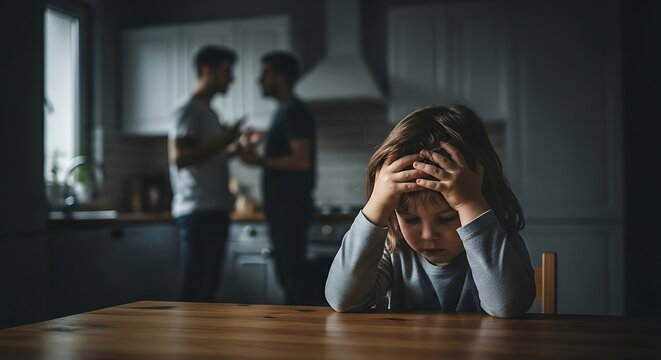 Child distressed while parents argue in background