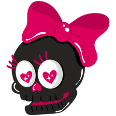 Black Pink Cute Skull Illustration with Bow, Kawaii Halloween Skeleton Clipart, Girly Gothic Skull Art, Hand Drawn Whimsical Spooky Element PNG