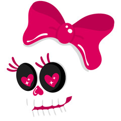 Pink Black Cute Skull with Bow Illustration, Kawaii Halloween Skull Clipart, Girly Gothic Skeleton Art, Hand Drawn Whimsical Spooky Element PNG