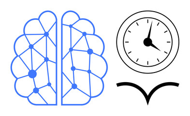 Brain with neural connections, clock symbolizing time and productivity, minimalistic style. Ideal for technology, AI, innovation, efficiency, research education creative simplicity. A simple flat
