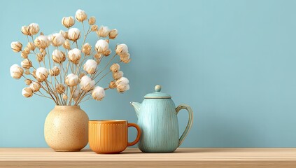 Light-toned, still life arrangement on a wooden shelf.  Dried cotton blossoms in a beige vase, beside an orange mug and light teal teapot.  Pastel backdrop.  Simple, homey feel