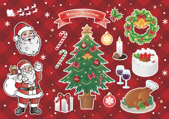 christmas　クリスマス　サンタクロース　クリスマスツリー　パーティー　料理　イラスト素材