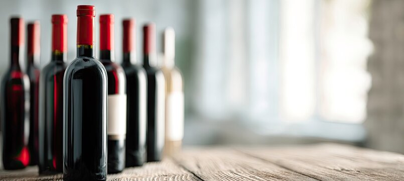 Wine bottles on a wooden table in a bright room with red caps