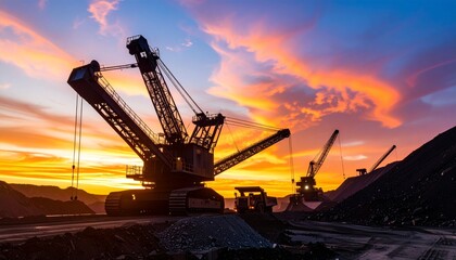 Dramatic wide shot of a coal mine, heavy equipment silhouetted against a vibrant twilight sky, industrial landscape