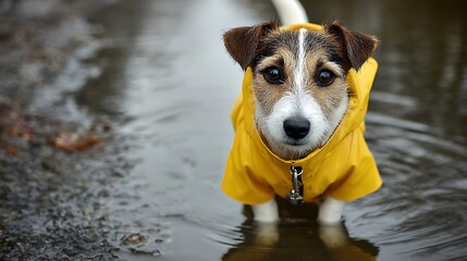Protective clothing for dogs during autumn walks. Happy puppy in yellow raincoat playing in puddle