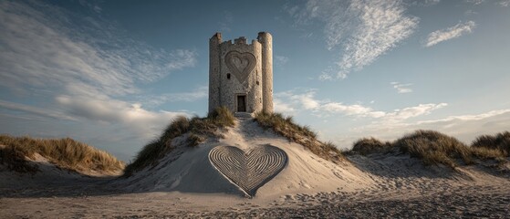 Ancient tower on a sandy dune with heart design