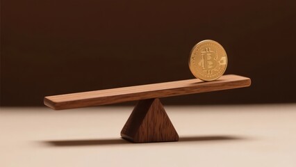 A Bitcoin is placed on a wooden seesaw, showing a visual image related to cryptocurrency.