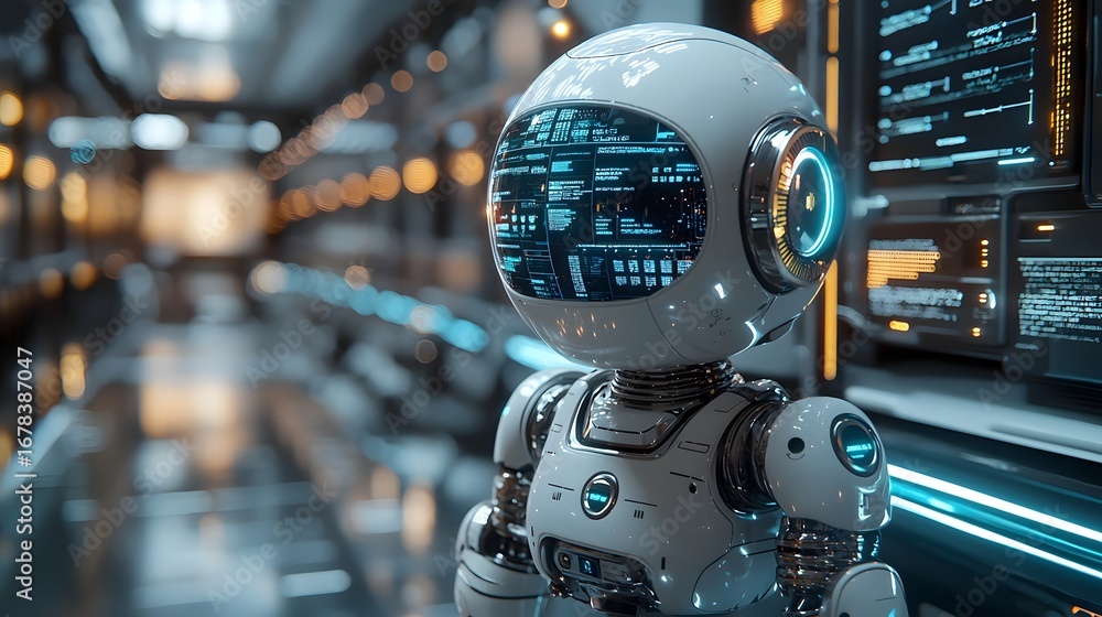 Poster a sleek futuristic robot virtual assistant with a data interface face stands in an advanced technolo