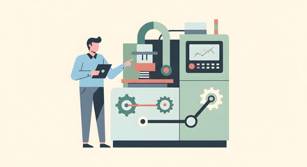 An engineer programming a CNC machine with a tablet. A flat vector illustration representing smart manufacturing, industrial automation, and technology