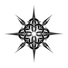 Detailed black and white graphic design featuring a complex, symmetrical, star-like pattern.
