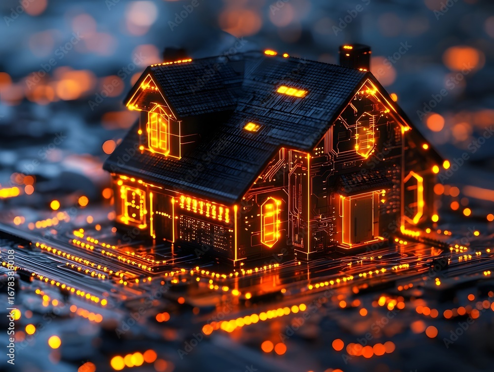 Poster a futuristic smart home model glows with intricate circuit patterns representing advanced technology