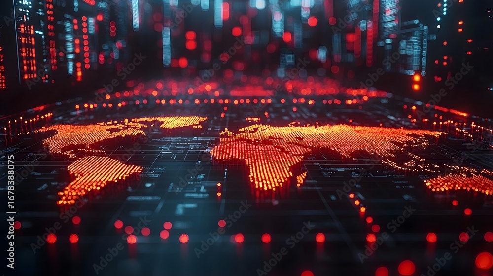 Poster abstract digital world map glowing with red and orange data points symbolizing global business netwo