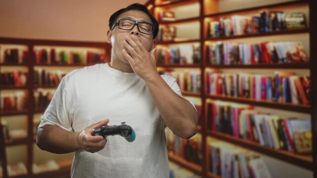 Man holds a black video game controller with both hands while focusing intently amid rows of colorful books on wooden shelves in a library; relaxation leisure escapism diversion.