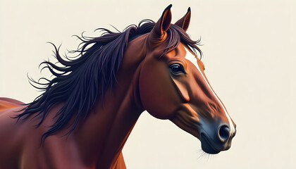 Elegant Brown Horse with Flowing Mane Portrait in Neutral Background