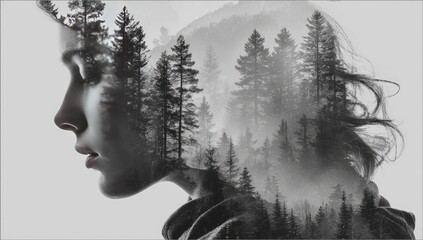 Woman in profile, forest double exposure