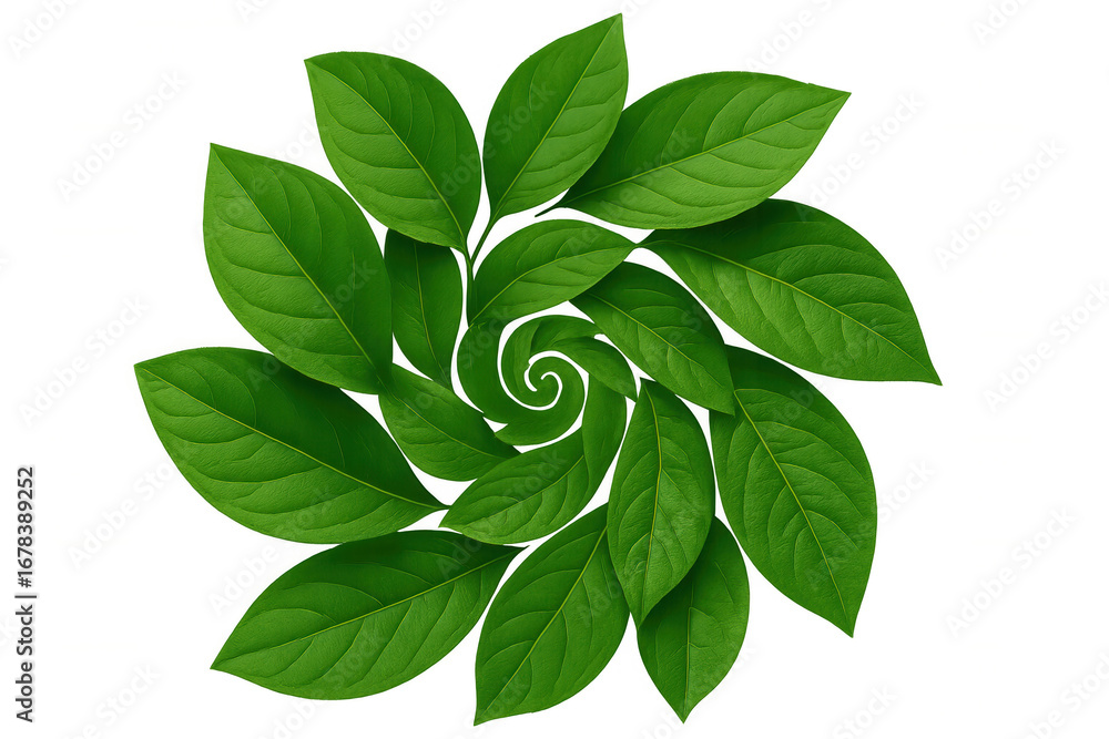 Poster green leaves spiraling symmetrically, creating organic circular pattern against clear luminous backd