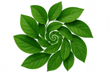 Green leaves spiraling symmetrically, creating organic circular pattern against clear luminous backdrop
