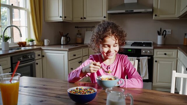 Young girl enjoys colorful cereal for breakfast in cozy kitchen setting