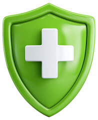 Obraz premium Green shield symbol featuring a white medical cross for health and safety representation isolated on transparent background.