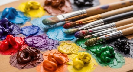 Obraz premium Close-up of an artist's palette with colorful oil paints and paintbrushes ready for artistic