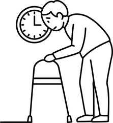 Elderly man with walker and clock time passing