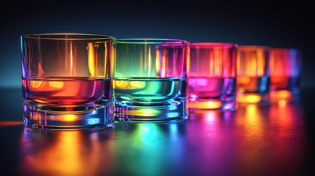 Colorful shot glasses lined up under vibrant neon lights