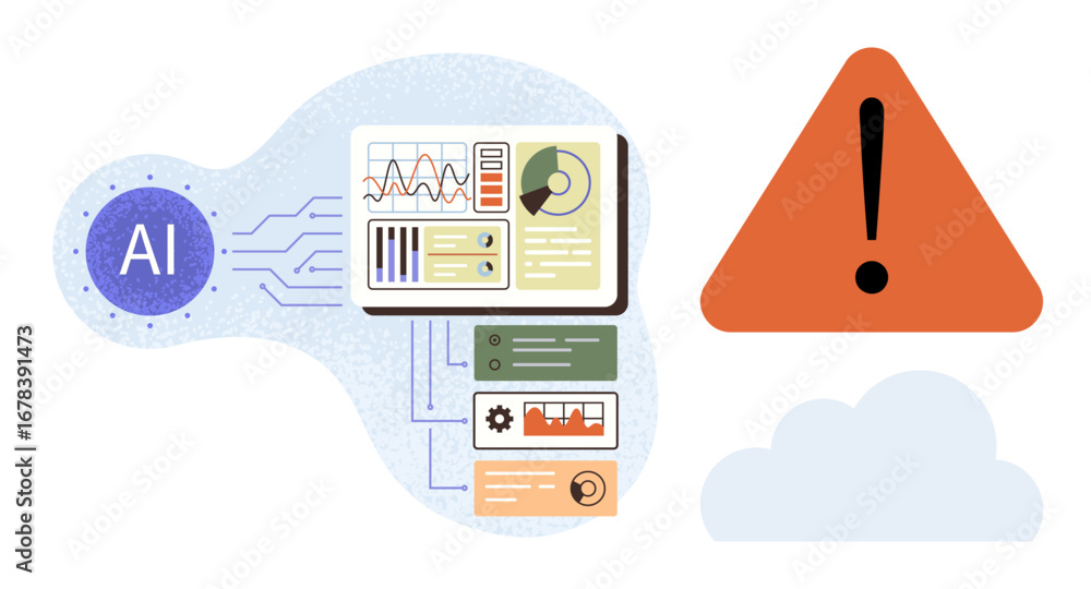Poster ai processing data through connected dashboards with charts, a warning icon, and a cloud. ideal for 