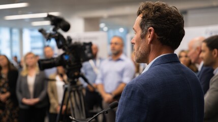 A group of diverse people attending a business event. A middle-aged Caucasian man with curly hair speaks at a podium. Cameras capture the moment.