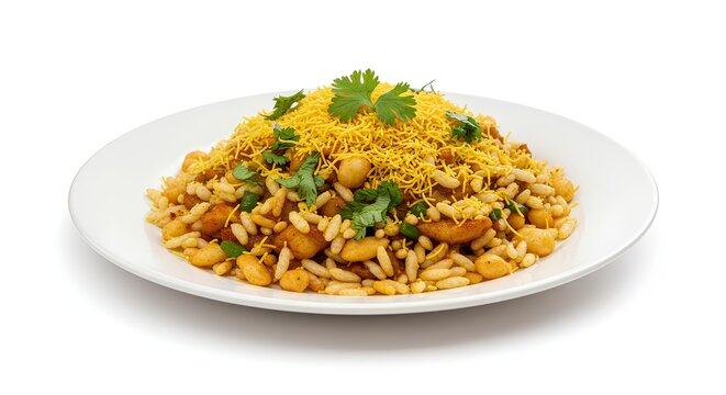 Studio Shot Bhel Puri Indian Street Food on White Plate Meal