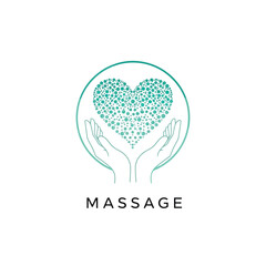 Elegant massage therapy logo with hands holding a heart made of interconnected dots, symbolizing care and wellness.
