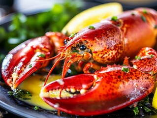 Close-up of a freshly steamed lobster with melted butter and lemon wedges