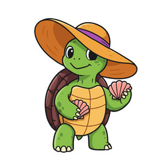 A smiling cartoon turtle in a wide orange sunhat holds two pink seashells, radiating playful vacation vibes with a cheerful beach-ready look.