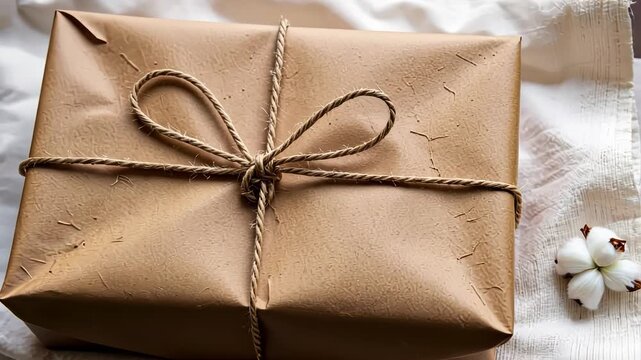Simple and Elegant Brown Paper Package Tied with Twine on Rustic Linen with Delicate Cotton Accents