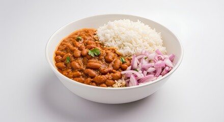 Delicious and Nutritious Rajma Chawal Indian Dish with Rice and Onions