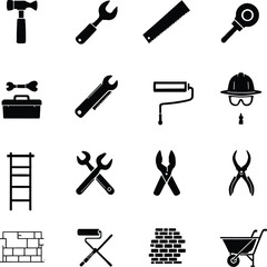 Fototapeta premium Construction and renovation tools vector icons set for home improvement and building projects design 100