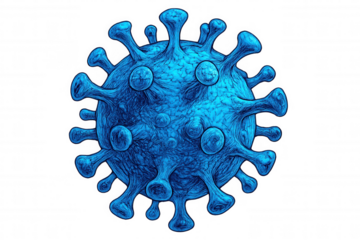 Microscopic view of a blue virus cell with spikes, isolated on a transparent background, symbolizing the global pandemic