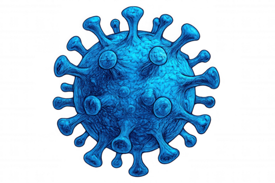Microscopic view of a blue virus cell with spikes, isolated on a transparent background, symbolizing the global pandemic