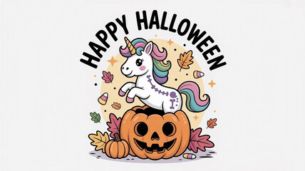 Fototapeta premium A whimsical and vibrant sticker illustration showcasing a cute unicorn playfully leaping from a carved pumpkin