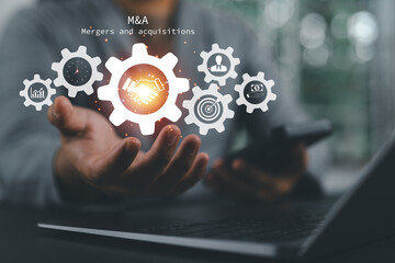 Business mergers and acquisitions concept. Share acquisition, asset business acquisition, amalgamation. Business review and development model. The abbreviation M and A