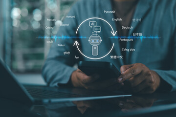 Man activating AI assistant translator via voice interface on a smart device, recognizing and...