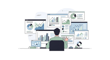 Fototapeta premium A business analyst managing a complex digital dashboard with multiple screens for data visualization and strategic market analysis