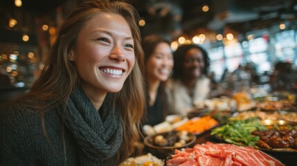 A joyful woman smiles at a dining table filled with a variety of delicious foods, enjoying a meal with friends in a cozy restaurant setting.