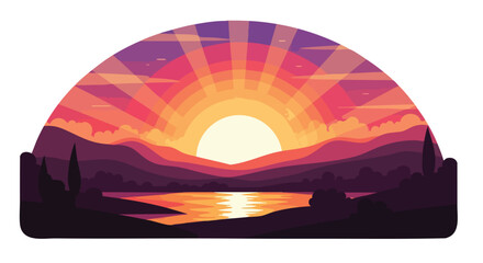 Stylized sunset landscape above a tranquil lake with mountainous backdrop offers serenity and peace