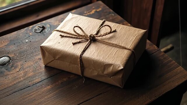 Simple and Elegant Handcrafted Gift Wrapped in Rustic Brown Paper with Twine Bow on Wooden Surface for a Touch of Natural Charm and Thoughtful Presentation