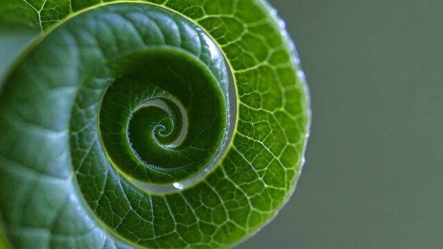 Close-up view of a green spiral leaf with water droplet in a natural setting