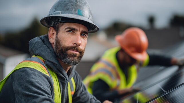Two construction workers install solar panels on a rooftop. One is a middle-aged Caucasian man with a beard, wearing a hard hat and safety vest. The other is a young African man.