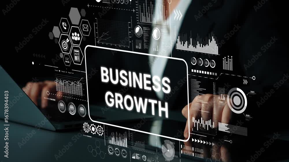 Poster business growth strategies concept with data analysis and technology visualization in modern office 