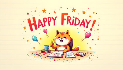 Fototapeta premium Cute Cartoon Cat Celebrating Happy Friday with Balloons and Confetti